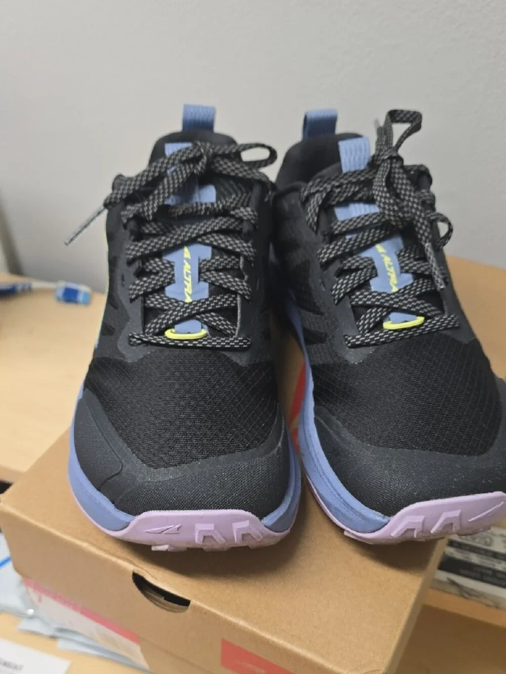 Altra Women's Lone Peak Black Trail Runners with Lavender and Yellow Size 7